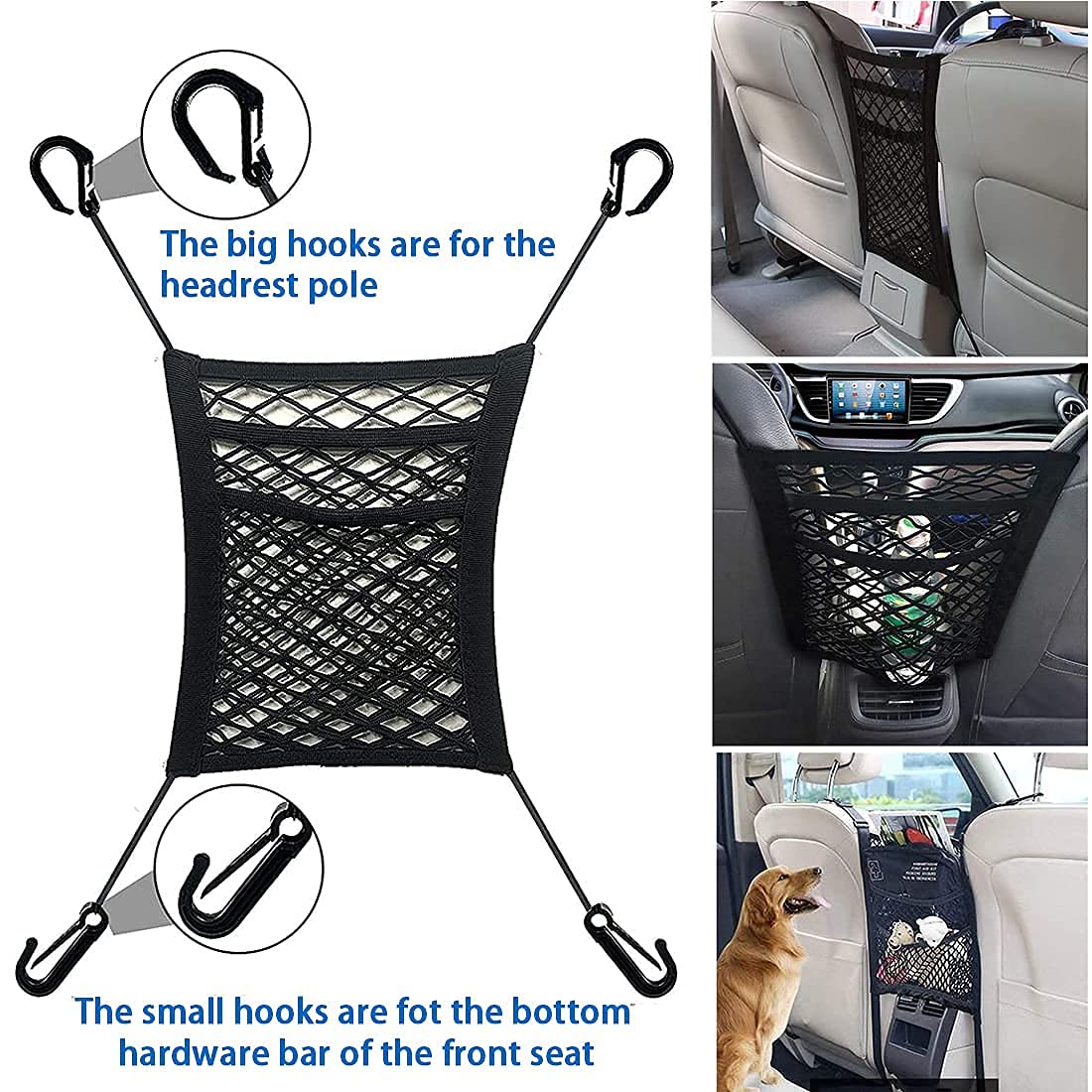 3-Layer Car Mesh Organizer, Seat Back Net Bag, Barrier of Backseat Pet Kids, Cargo Tissue Purse Hold