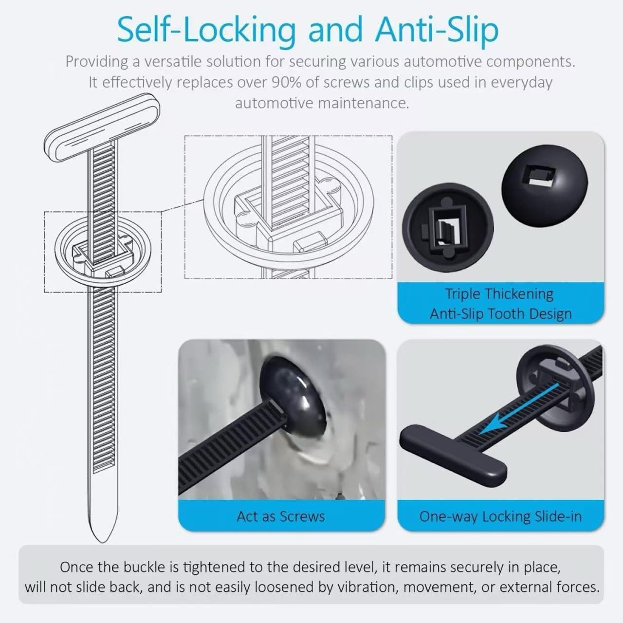 Universal Cable Tie Buckle for Cars, Heavy Duty Self-Locking UV Resistant Zip Ties with Push Pin Button