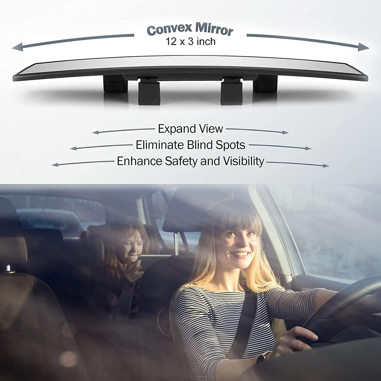 Wide Angle Panoramic Rear View Mirror – Large Vision | Blind Spot Reduction | Safer Driving